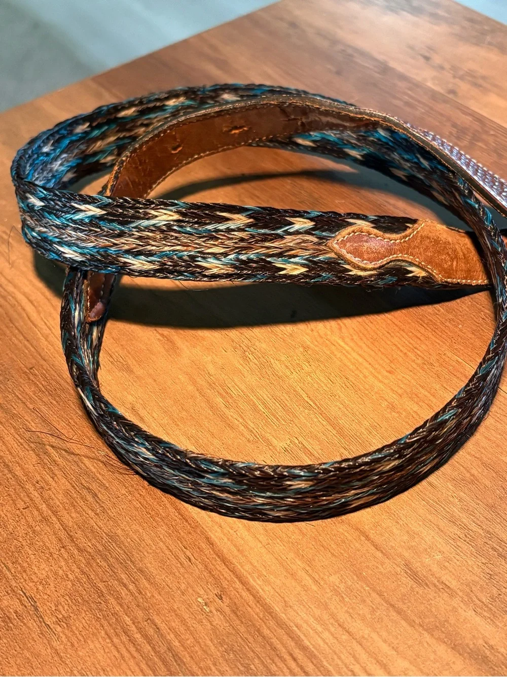 Vintage Braided Horsehair Western Belt Tooled Leather Turquoise Brown Gray 38